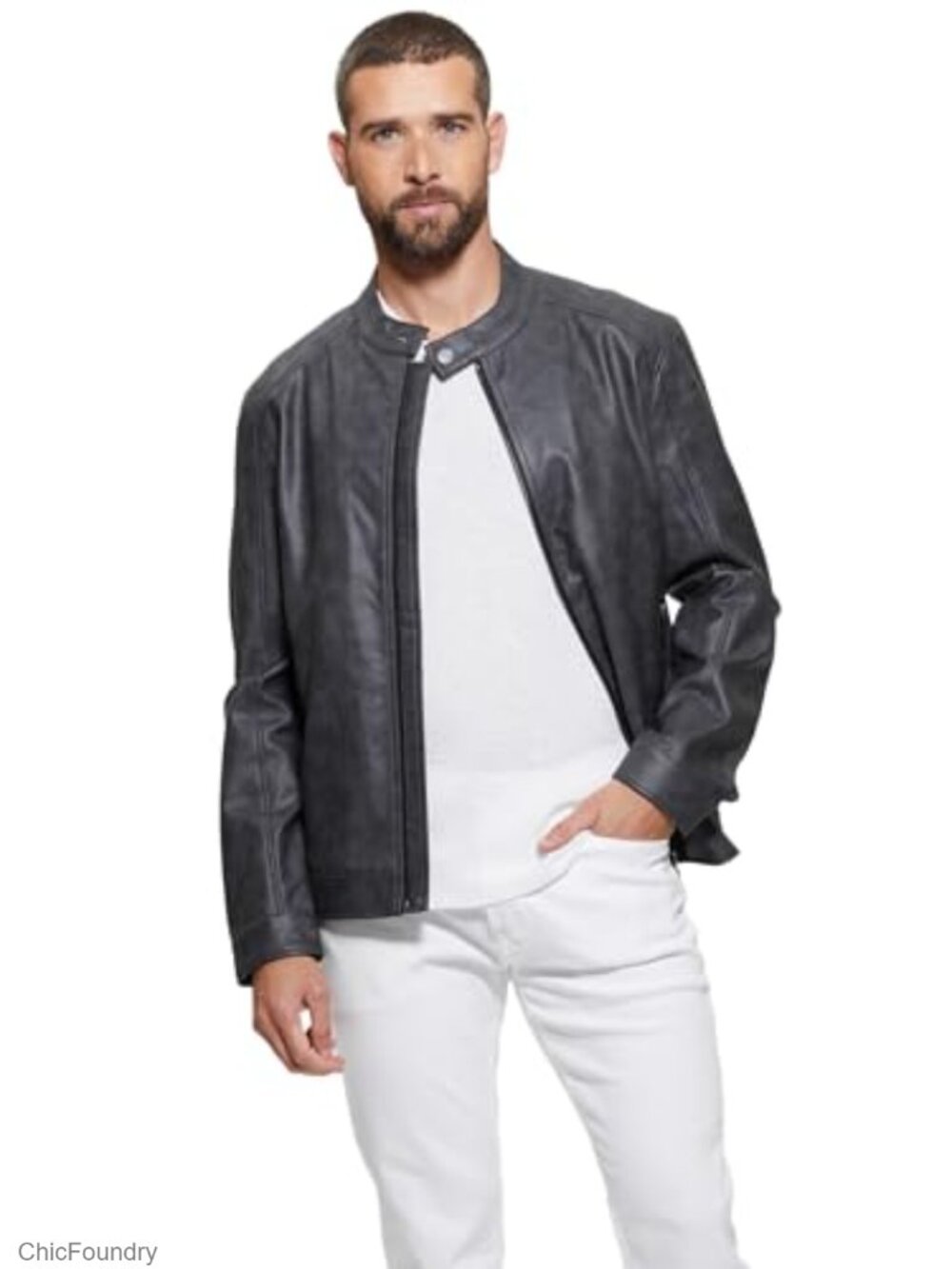 GUESS Fitted Faux Leather Jacket Men's Aviator Zipper